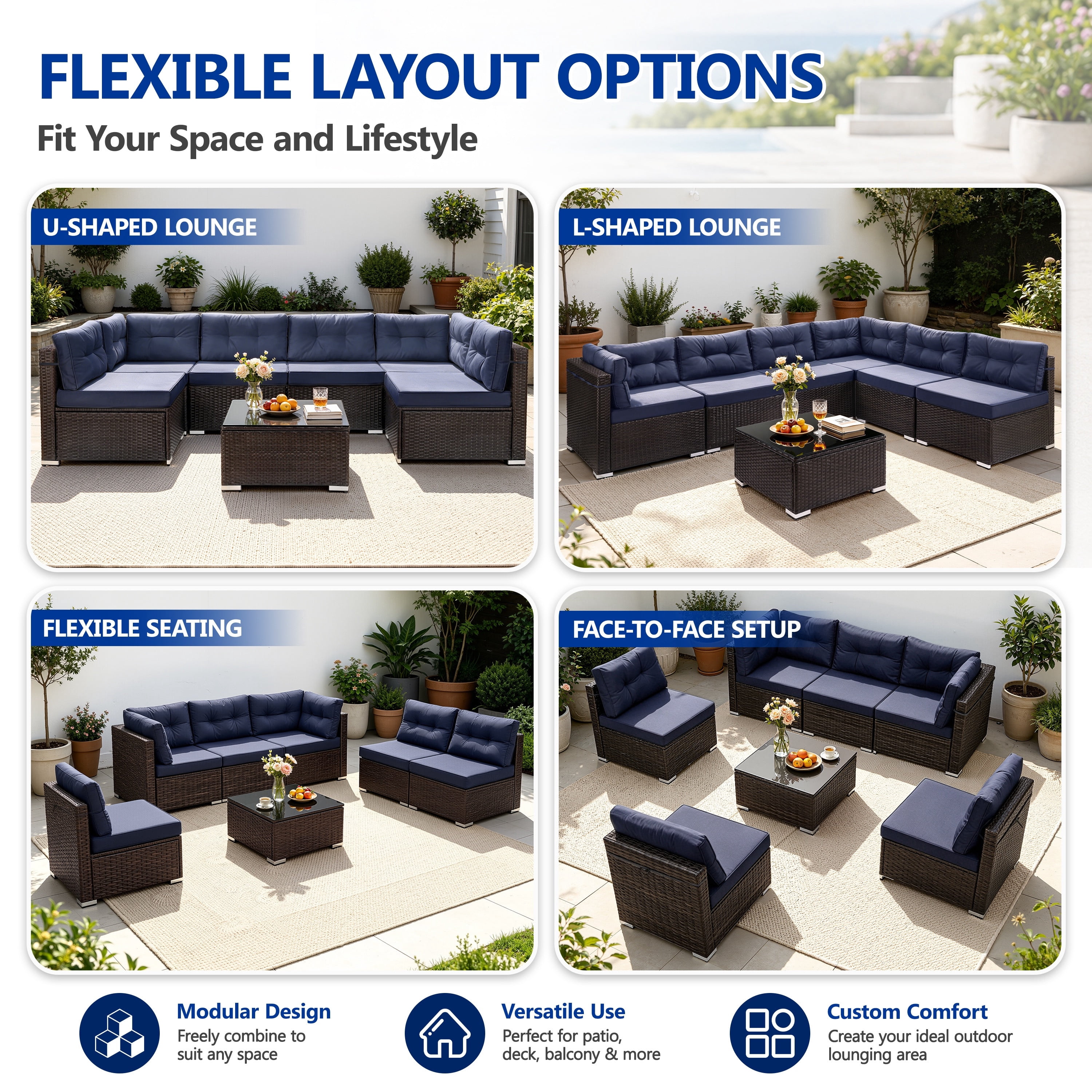 7 Piece Rattan Sectional Sofa Set, Outdoor Conversation Set, All-Weather Wicker Sectional Seating Group with Cushions & Coffee Table, Morden Furniture Couch Set for Patio Deck Garden Pool
