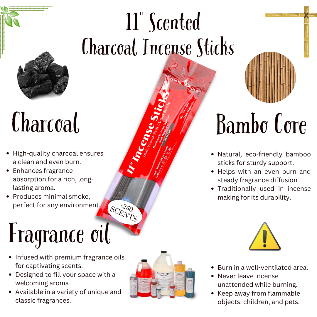 Aroma Depot Incense Sticks Variety Pack 11 inch Assorted Scents Hand-Dipped Charcoal Incense