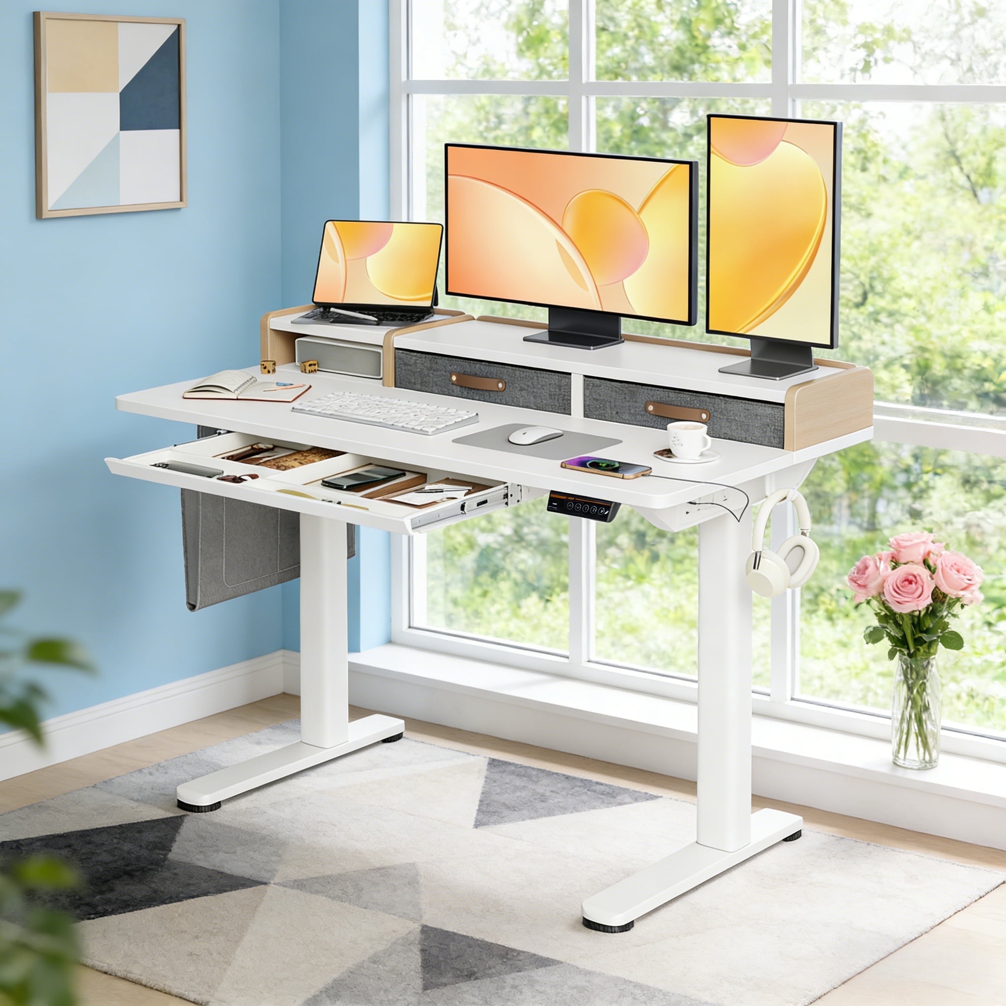 INNOVAR Standing Desk with 3 Storage Drawers, Adjustable Height Electric Stand up Computer Desks W/Outlets & USB Charging Ports,Sit to Stand Table Desk for Home Office Work Station,White