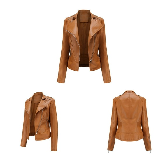 AOOCHASLIY Women Winter Coat Women's Slim Leather Stand Collar Zip Motorcycle Suit Belt Coat Jacket Tops
