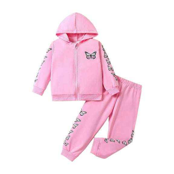 UAYOTSE Girls Butterfly Printed Zip Up Hoodie And Sweatpants Set Fall Casual Tracksuit Clothing Set(18-24 Months,I15-Pink)