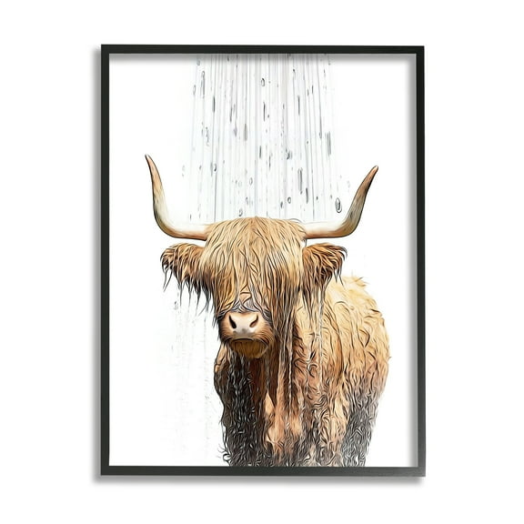 Stupell Industries Highland Cow Bathroom Splash Animals & Insects Painting Black Framed Art Print Wall Art, 11 x 14