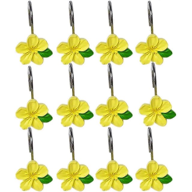Juego de 12 hermosos ganchos de acero inoxidable para cortina de ducha con diseño de flores de resina (amarillos)