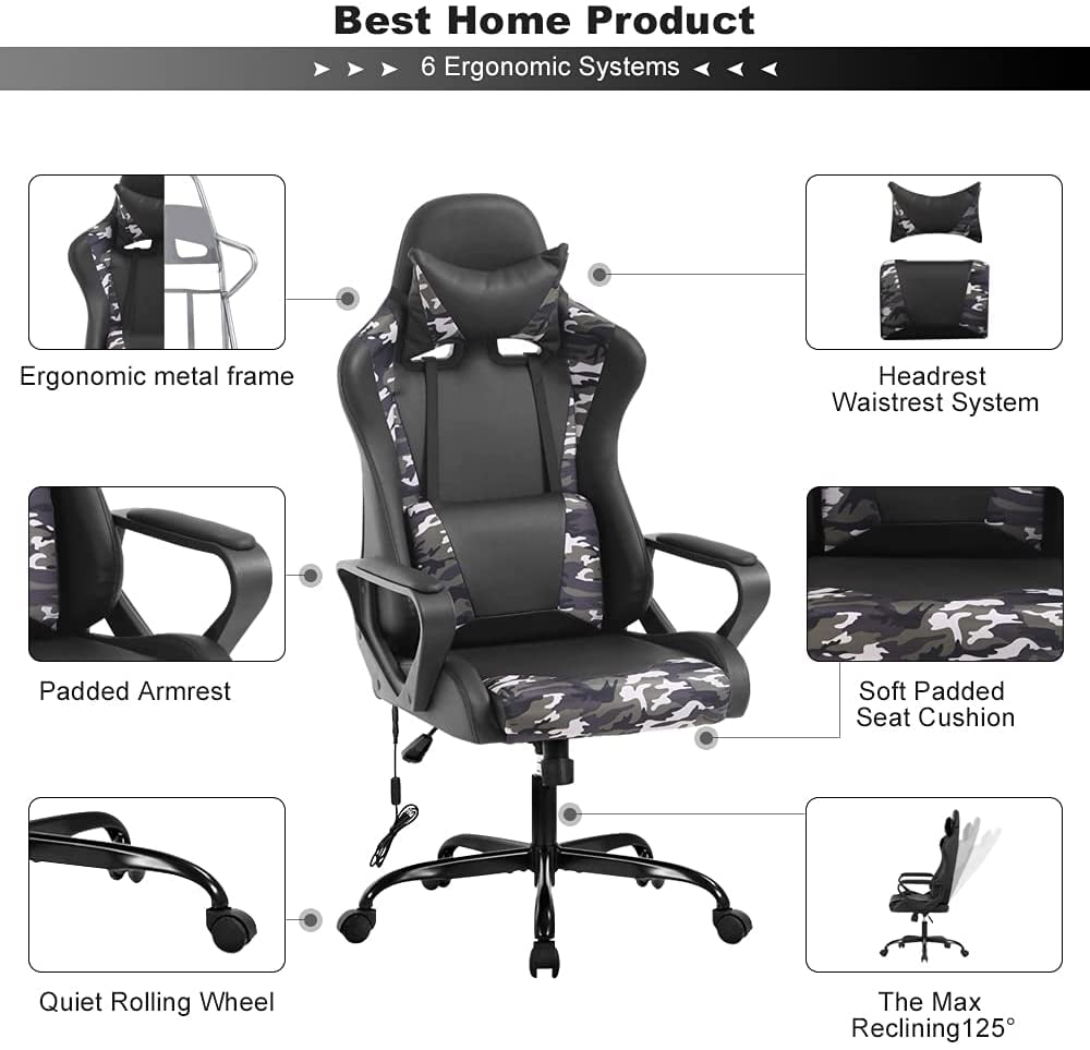 Dkelincs PC Gaming Chair Massage Computer Desk Chair with Headrest Adjustable Office Chair with Armrest & Massage Lumbar Support for Teens & Kids, CAMO