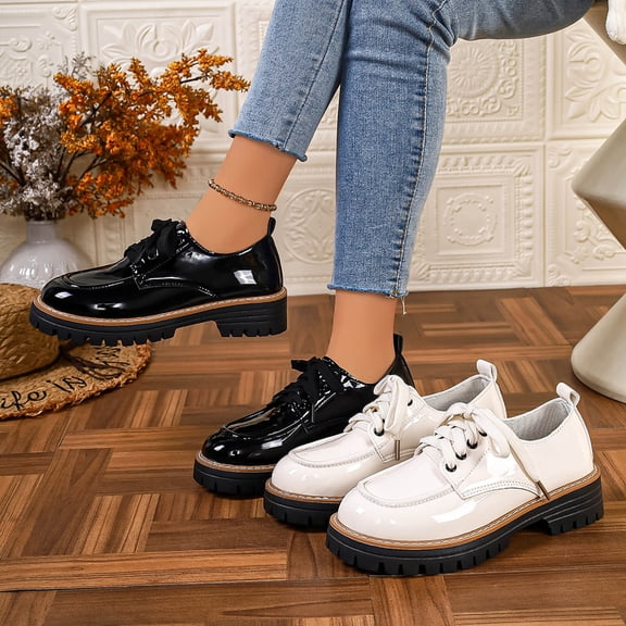 Women's Wide Width British Style Platform Loafers, Patent Leather Round Toe Lace-Up Casual Dress Shoes for Spring & Fall, Black/White