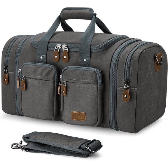 Canvas Duffle Bag for Travel, Expandable Water Resistant 50L Carry Duffel Overnight Weekender Gym Bag with Wet Dry Separation Pocket & Suitcase Handle Sleeve, Grey