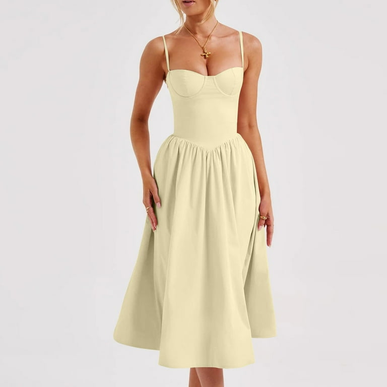 SnnmBlm Womens Corset Dress Elegant Spaghetti Strap Bustier Midi Dress Low  Cut Flowy Pleated Hem Formal Dresses Beige M - Walmart.com