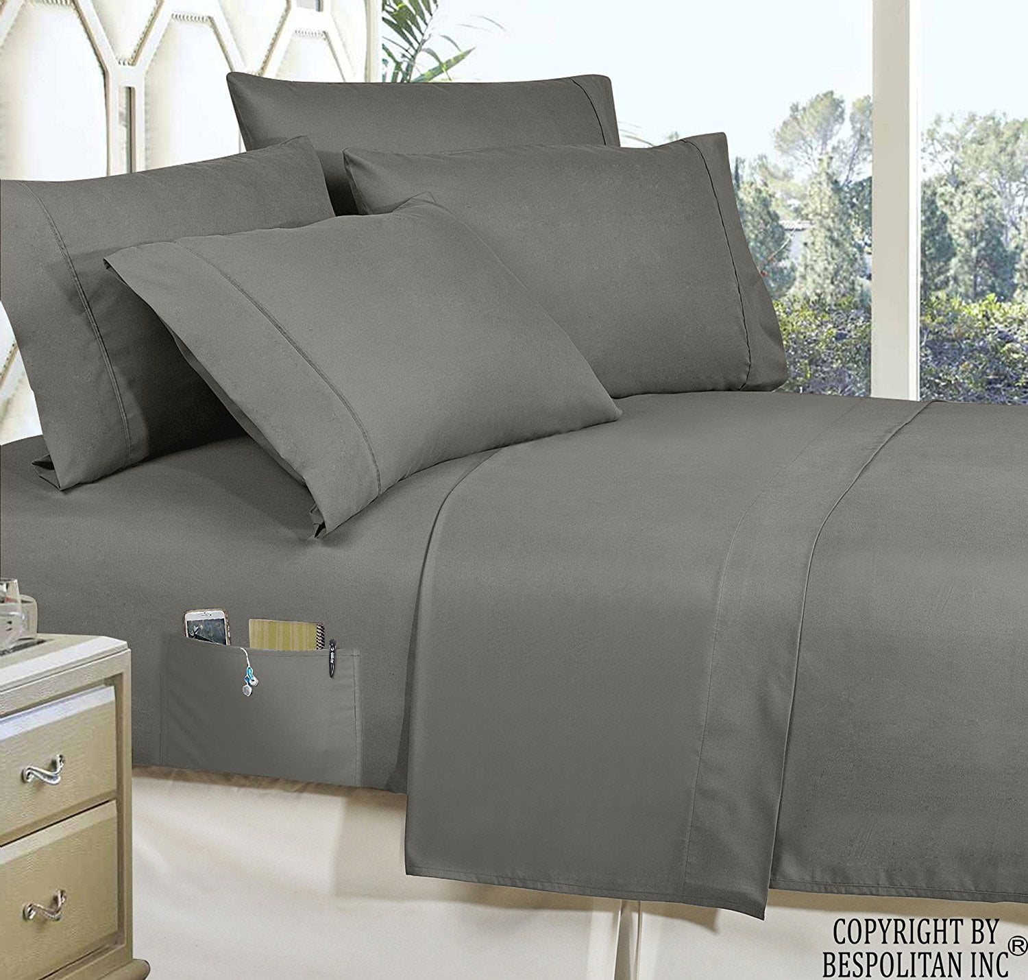 4-Piece KING- Smart Sheet with Side Storage Pockets on Fitted Sheet King Grey