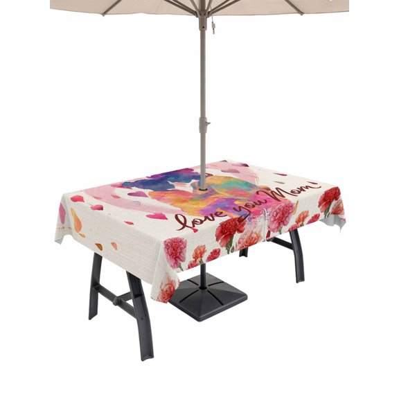 Outdoor Tablecloth with Umbrella Hole for Patio/Picnic/Party/Camping, Mother's Day Waterproof Table Cloth Rectangle Table Cover Washable, Mother and Daughter Carnations Flowers Beige (60"x 84")