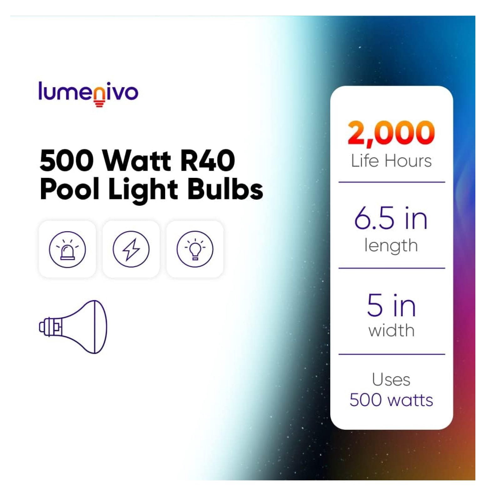 R40 500 Watt Pool Bulb Replacement for R40FL500/HG Incandescent Flood Reflector Inground Pool Light Perfect for Night Swimming - E26 Medium Screw Base - Frosted Glass - 120V