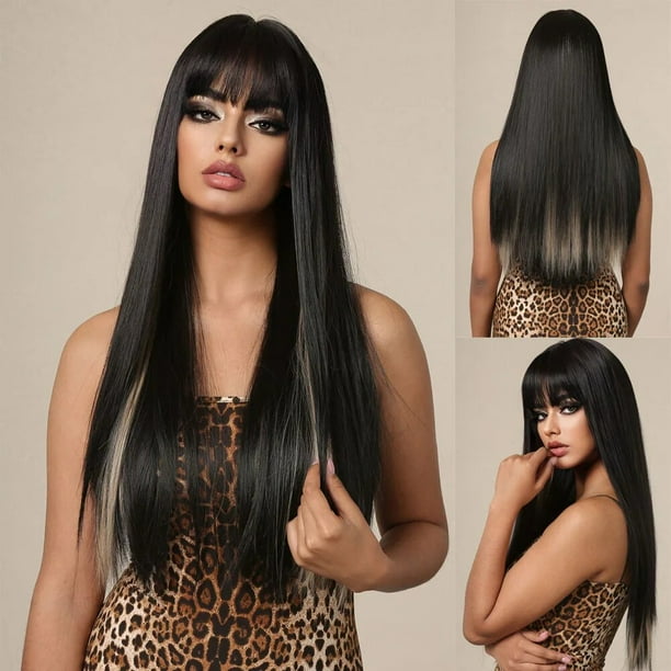 Peluca sintética larga y recta con flequillo para mujer, pelucas de cabello negro oscuro para Cosplay, cabello Natural resistente al calor en capas