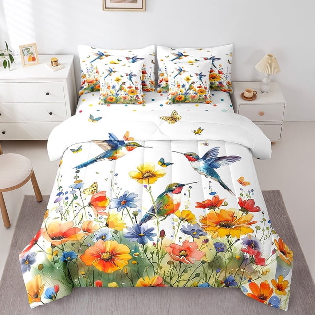 Erosebridal Hummingbird Flower Bedding Queen Size,Animal Butterfly Bedding Sets Queen Size,Girls Room Decorative,Reversible,Lightweight,7pcs