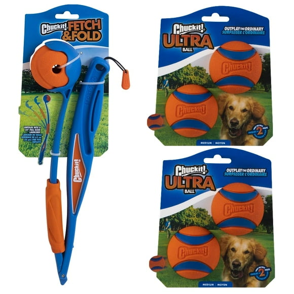 ChuckIt! Fetch & Fold Ball Launcher and 4-Pack Ultra Ball Bundle, Medium