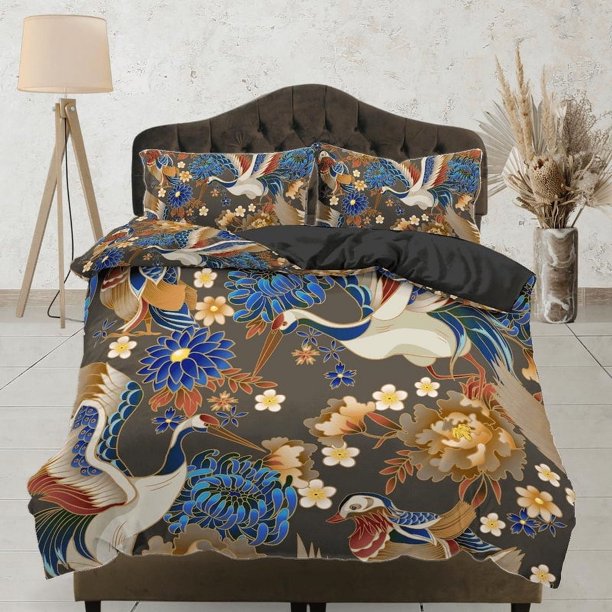 Vintage Floral Juego de Funda Nórdica | Arte Japonés Pájaro Grulla Dormitorio Juego de cama con