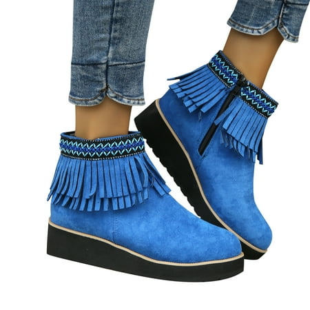 

Josdec Womens Boots Wide Width Large Single Side Zipper Tassel Slope Heel Short Casual Boots Cowgirl Boots Blue 35