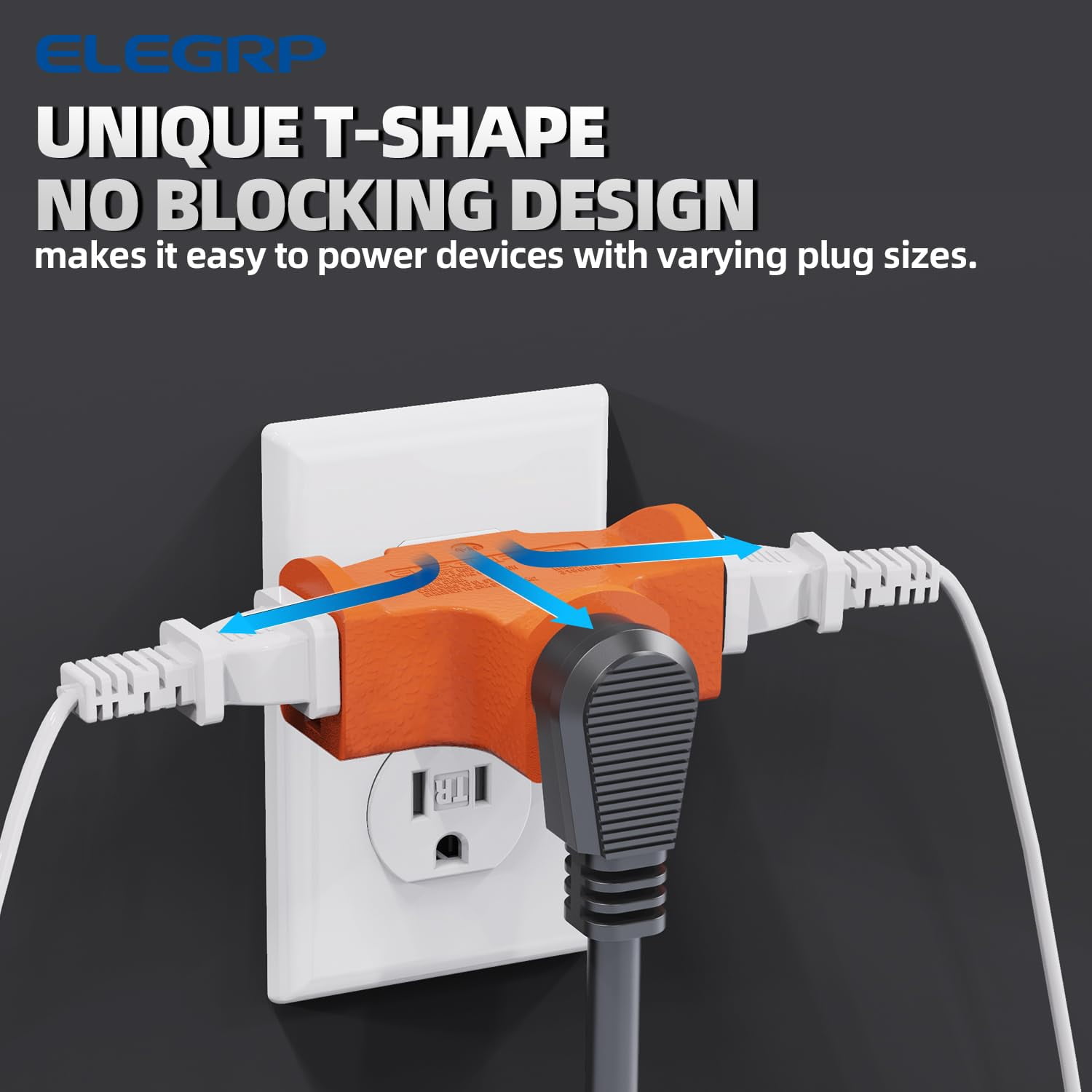 3-Prong Heavy Duty Power Extender to Triple Outlet in T Direction, Multi-Directional Grounded Wall Tap Outlet Extender with 3 Prong Plug-in, 15-Amp, 125-Volt, ETL Listed, 2 Pack, Orange