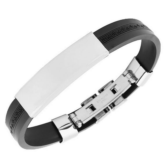 Stainless Steel Black Rubber Silicone Silver-Tone Greek Key Name Tag Mens  Bracelet