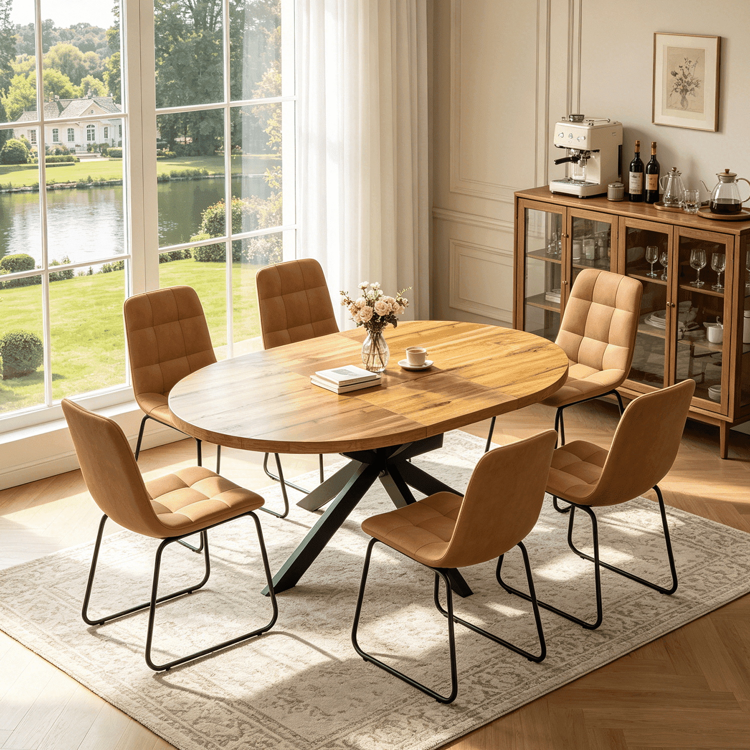 43.2"-59.2" Extendable Round Dining Table for 4-6,Mid Century Modern Wooden Round Table,Dining Room Table with Metal Frame for Dining Living Room ,Saving Space