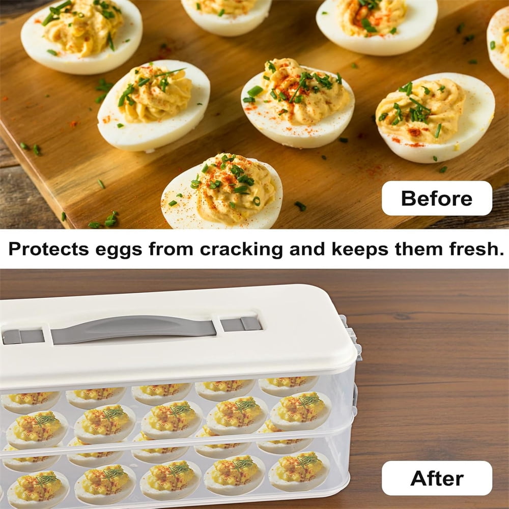 Heyingu 1Pcs Deviled Egg Containers with Lid 2 Layer Egg Carrier Box Dispenser Container with Handle for Refrigerator Pantry Travel(12.2 x 4.92 Inch)