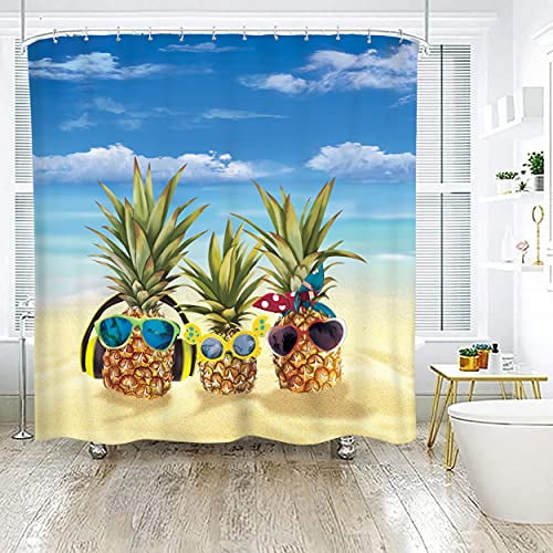 72" Tropical Fruits Pineapple Black Fabric Shower Curtain Set Bathroom w/ Hooks 
