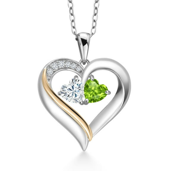 Gem Stone King 925 Silver and 10K Yellow Gold Heart Shape Lab Grown Diamond Pendant Necklace for Women with White Moissanite and Green Peridot (0.95 Cttw, Double Heart, 18 inch Chain)