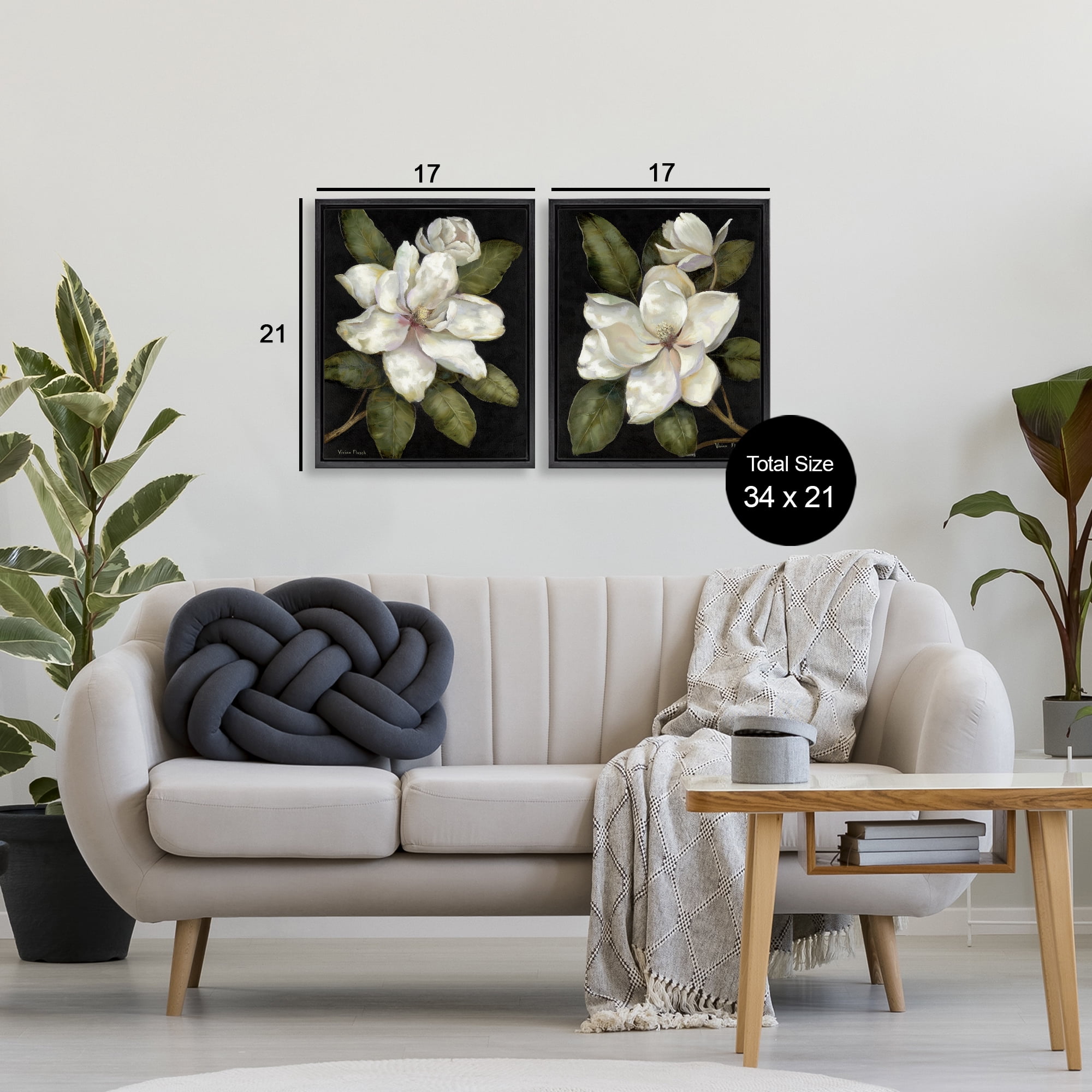 Stupell Industries Magnolia Buds & Blooms 2 Piece Black Framed Floater Canvas Set, design by Nan