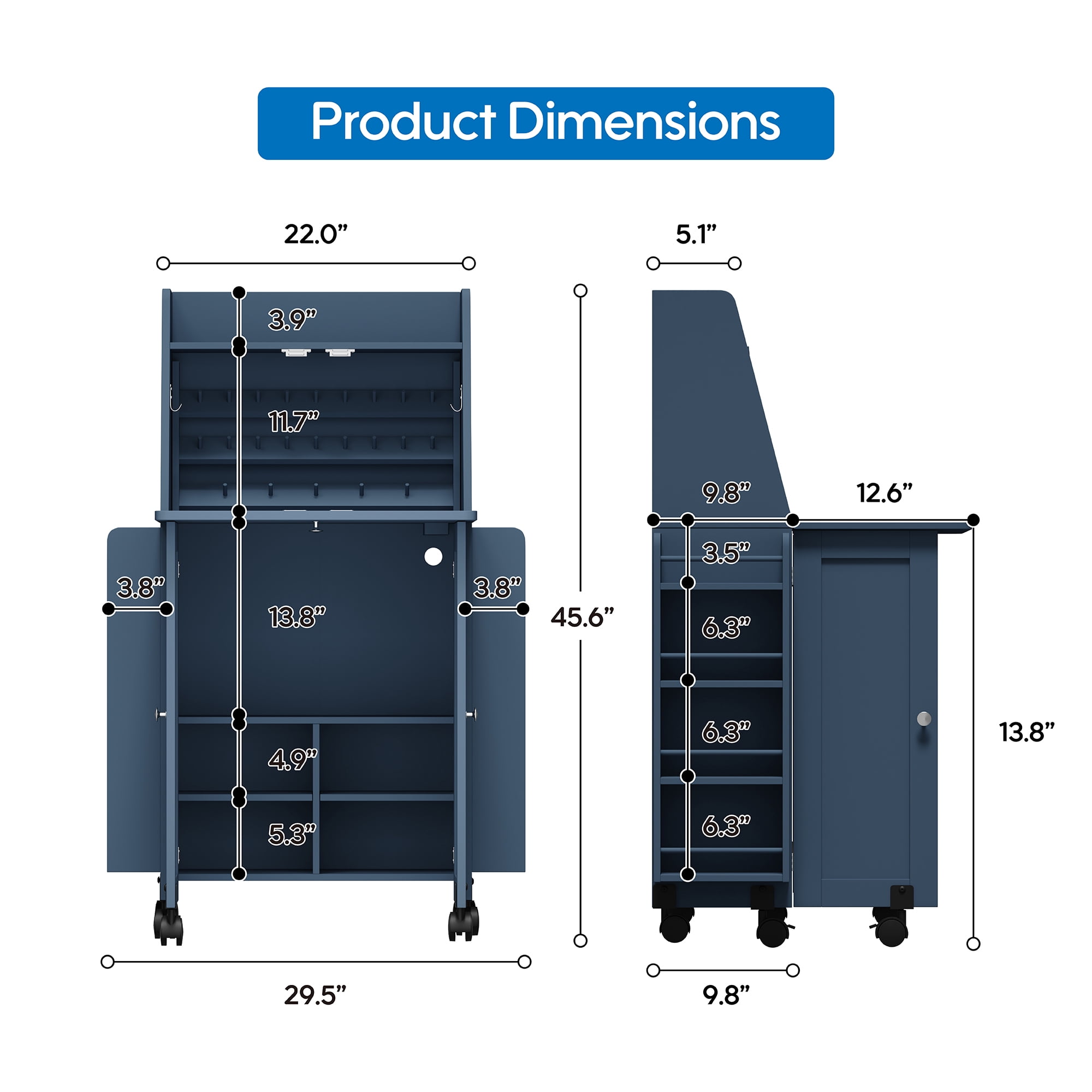 WARAYZ  Sewing Table & Storage Cabinet, Built-in Power Outlets, Spool Racks, Mobile Craft Desk with Lockable Wheels for Small Spaces, Blue