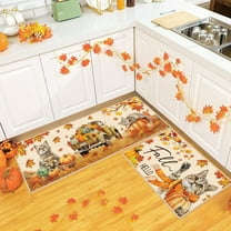 Isvgxsz Pumpkin Kitchen Mats Set, Nonslip Autumn Kitchen Rugs Watercolor Thanksgiving Door Mats Fall Kitchen Rugs for Floor Seasonal Maple Leaves Harvest Farmhouse Decor