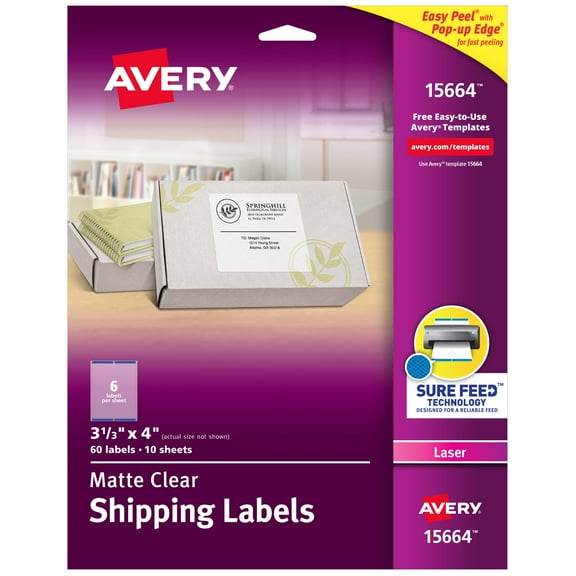 Avery Clear Shipping Labels, Sure Feed, 3-1/3" x 4", 60 Labels (15664)