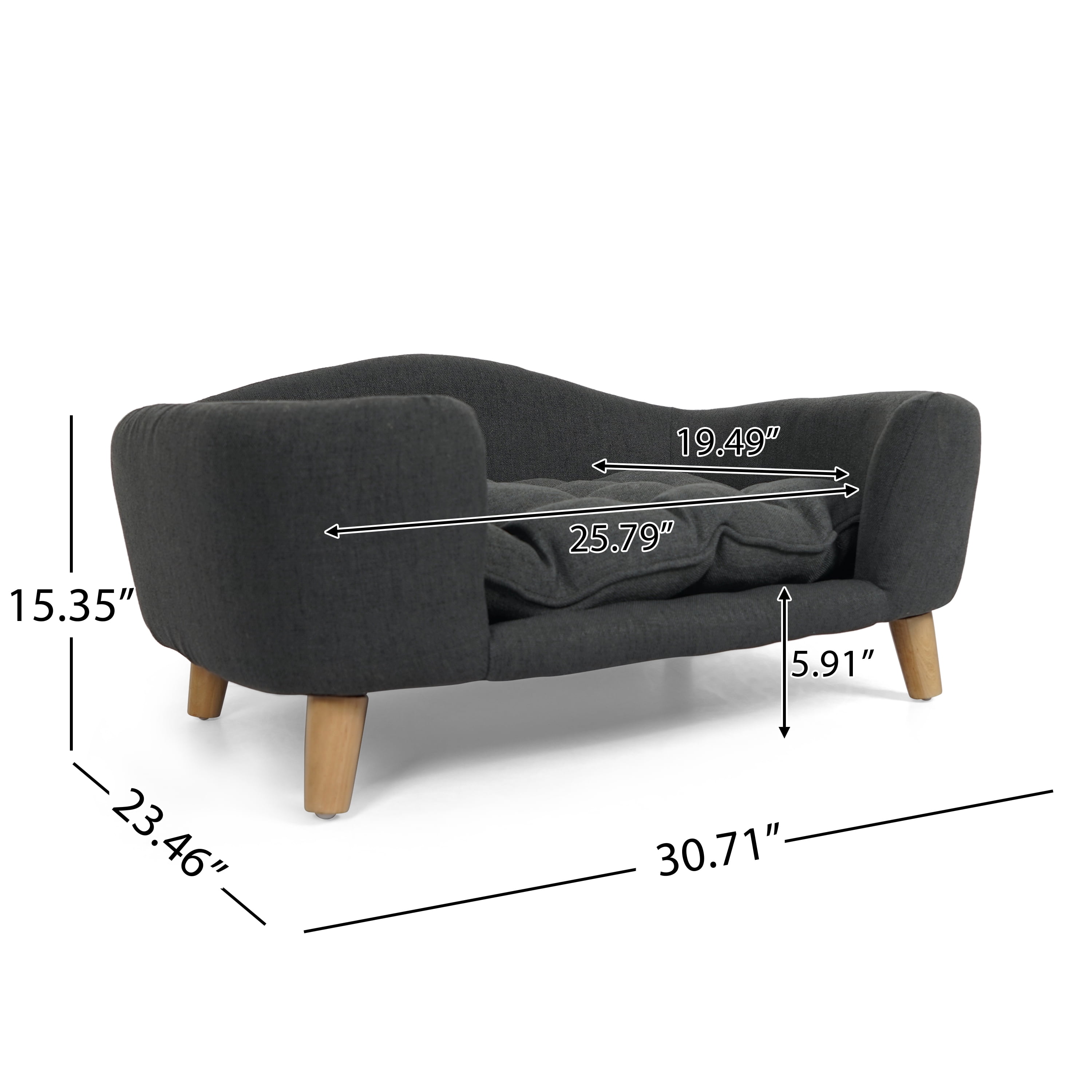 Elevated Dog Bed with Fabric and Rubber Wood Legs, Orthopedic Pet Couch and Small Dog Sofa for Dogs up to 25 lbs, Dark Gray