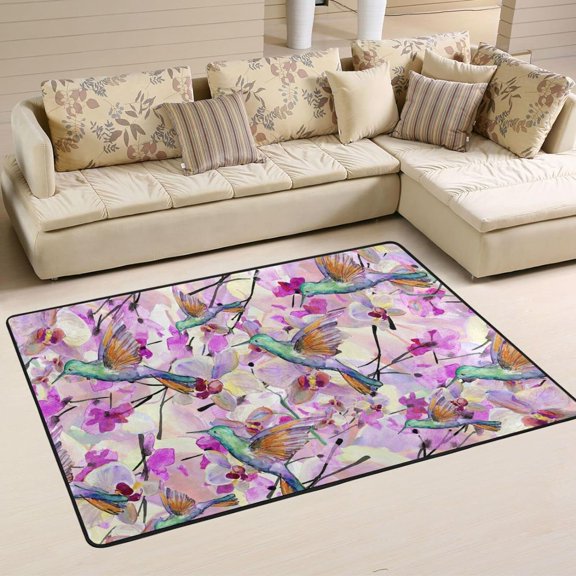 SKYSONIC 36x24in Flowers Hummingbirdbirds Area Rug, Spring Bird Non-Slip Floor Carpet for Indoor Living Dining Room Bedroom