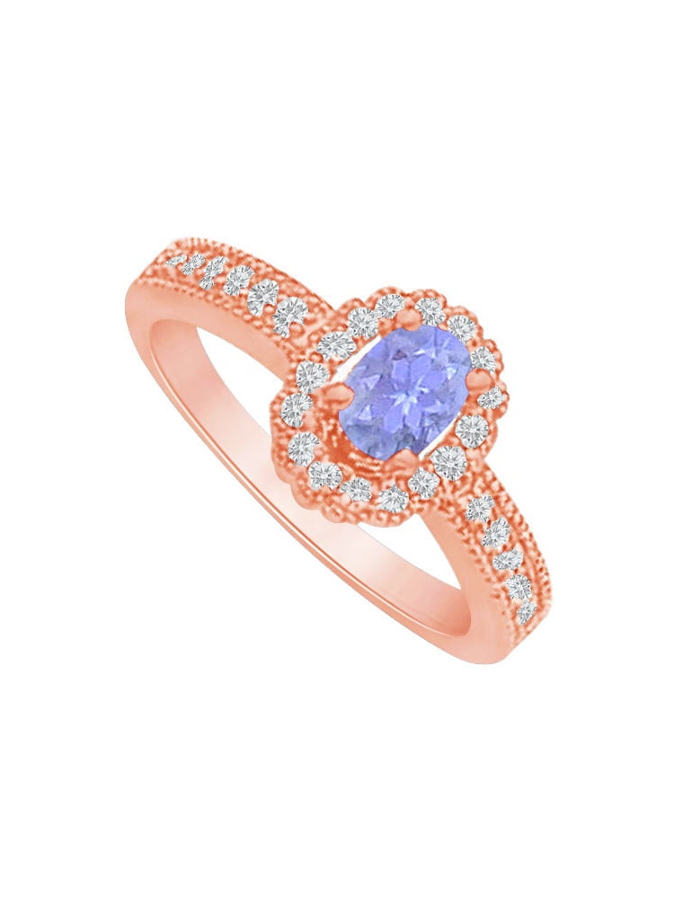 Tanzanite and Cubic Zirconia Halo Engagement Ring in 14K Rose Gold by Love Bright