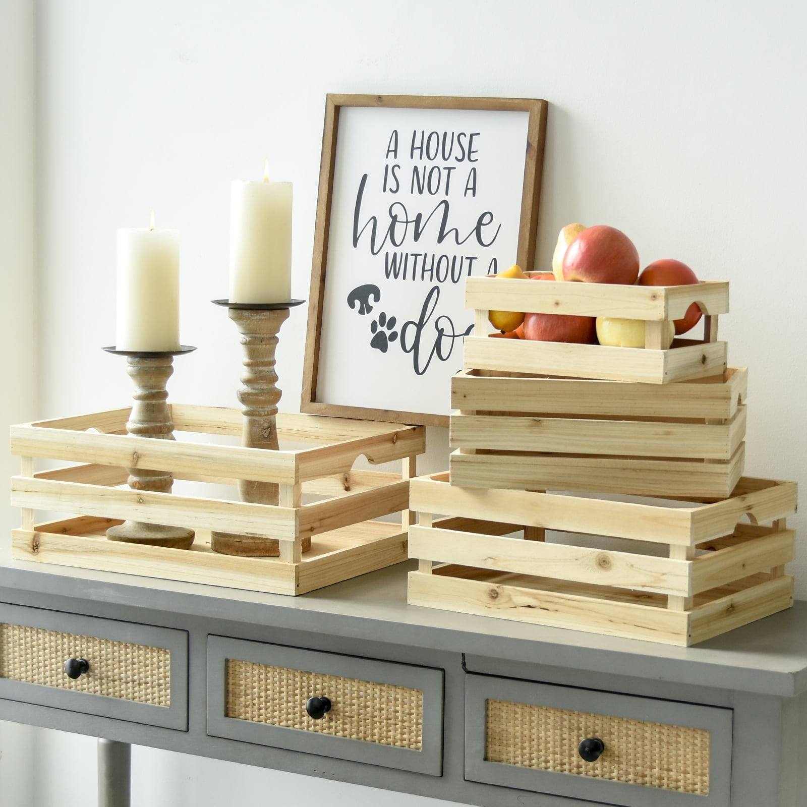 MODE HOME Set of 4 Large Wooden Crates Unfinished Office Storage Crates, Decorative Wood Storage Crates for Display, Rustic Pine Wood Organizer Bin Basket for Kitchen Pantry Bathroom