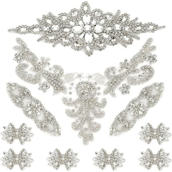 8 PCS 4Style Crystal Rhinestone Applique Wedding Rhinestone Appliques Iron on/Sew on Rhinestone Bridal Patches Silver Bridal Wedding Appliques for Wedding Dress Belt Decoration