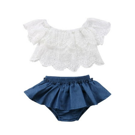 

Livingsenburg Newborn Baby Girls Off Shoulder Clothes Floral Tops Denim Shorts 2pcs Outfits