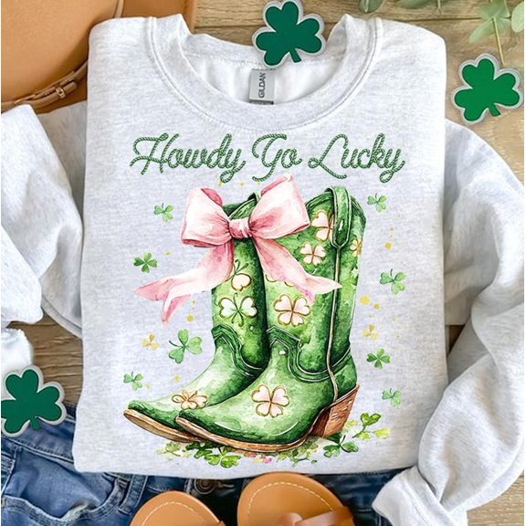 Western St. Patrick's Day Sweater, Cowboy Boots Shamrock Bow Lucky Irish Sweatshirt