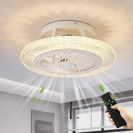 

Ceiling Fans with Lights LED Caged Ceiling Fan with Quiet Reversible 6 Speeds Motor Modern Bladeless Ceiling Fan Light with Remote Control and Crystal Pendant for Living Room Kitchen Be