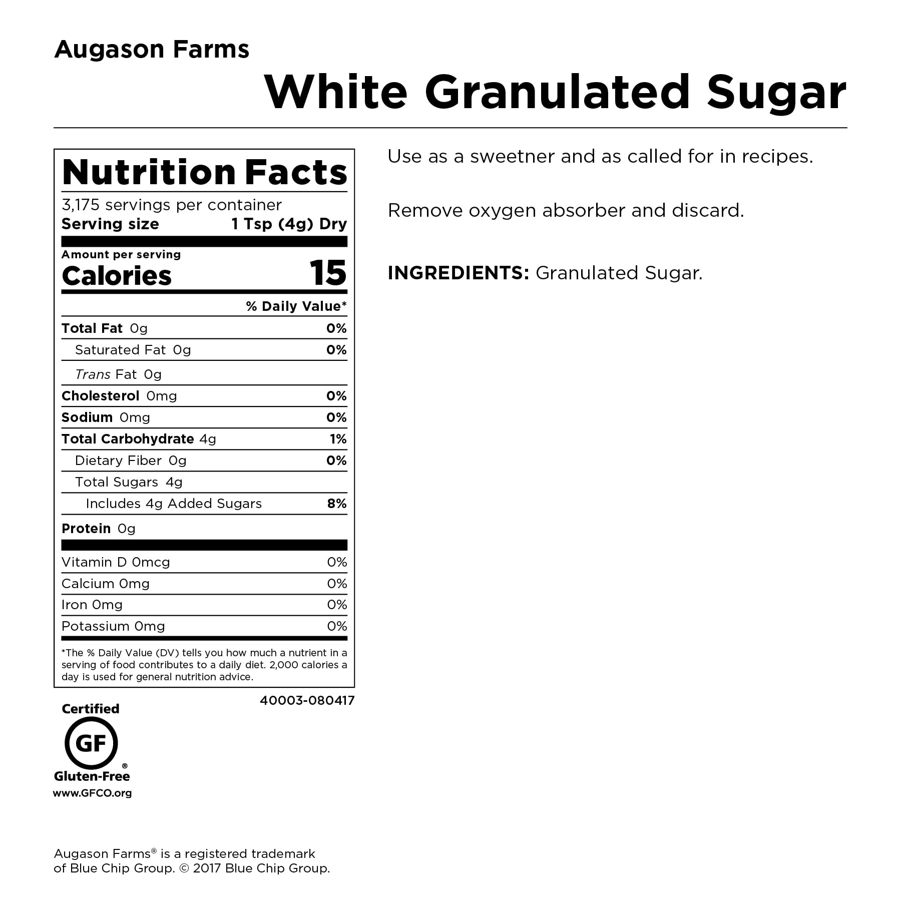 Augason Farms White Granulated Sugar 28 Pound Pail