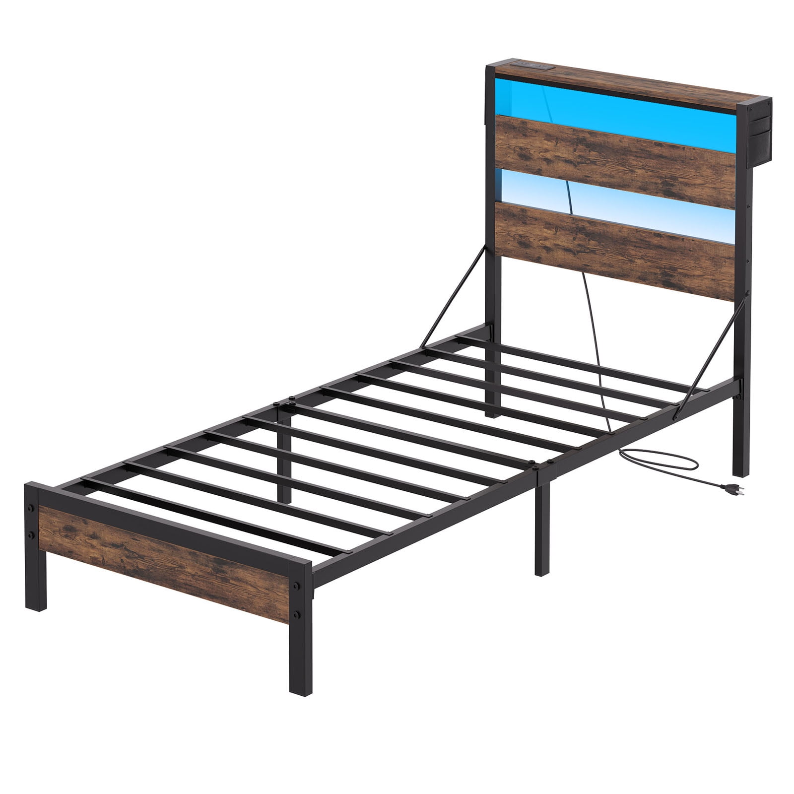 Bestier Twin Size Platform Bed Frame with Storage Headboard, LED Lights & USB Charging Station, Metal Bed Frame Rustic Brown
