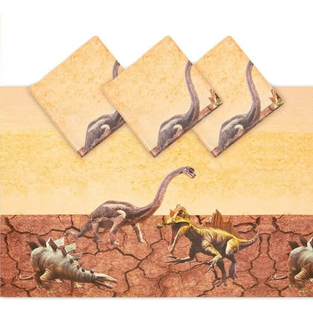3 Pack Dinosaur Plastic Party Tablecloths, 54"x108" Rectangular Disposable Table Covers for Kids Dino Birthday Supplies Decorations, Brown