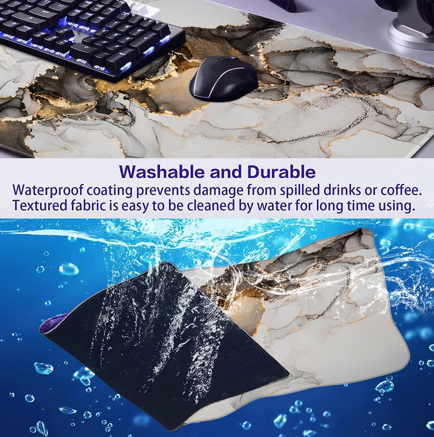 Large Extended Gaming Mouse Pad With Stitched Edges, Non-Slip Waterproof Rubber Base Mouse Pad For Office, Computer, Keyboard, Laptop And Home Desk Pad 35.4 x 15.7 x 0.12 Inch (Black Gold Grey Marble)