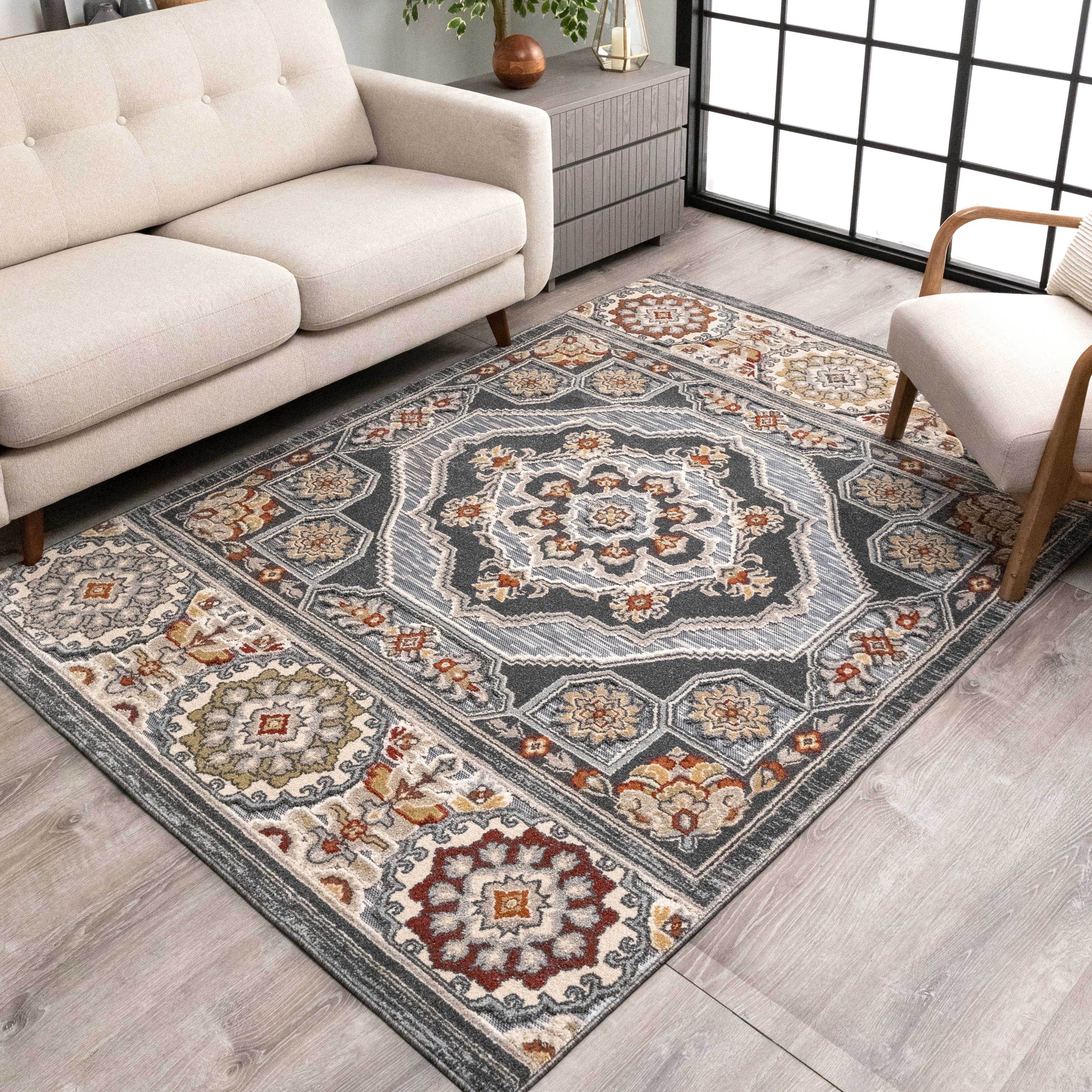 Well Woven Algie Grey Tribal Medallion FlatWeave HiLow Pile Area Rug