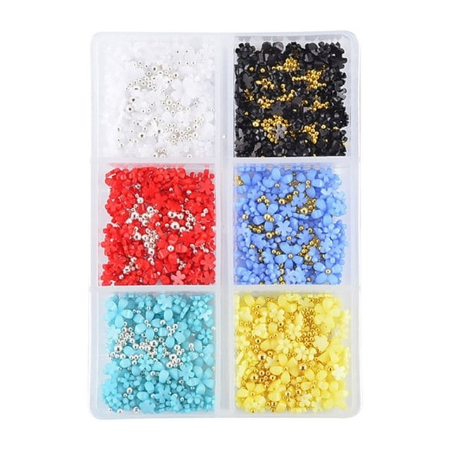 DHARMONAL 3D Flower Nail Charms For Acrylic Nail 6 Grids 3d Nail Flowers Designer Decals for Nails Go Glam Glitter Nails Different Size Rhinestones Long on Nails with Rhinestones Nail 3d Charms
