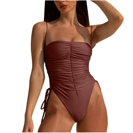 ZQGJB One Piece Swimsuit Women High Cut Thong Tummy Control Bathing Suit Sexy Slimming Ruched Side Tie Drawstring Beach Swimwear(Brown S)