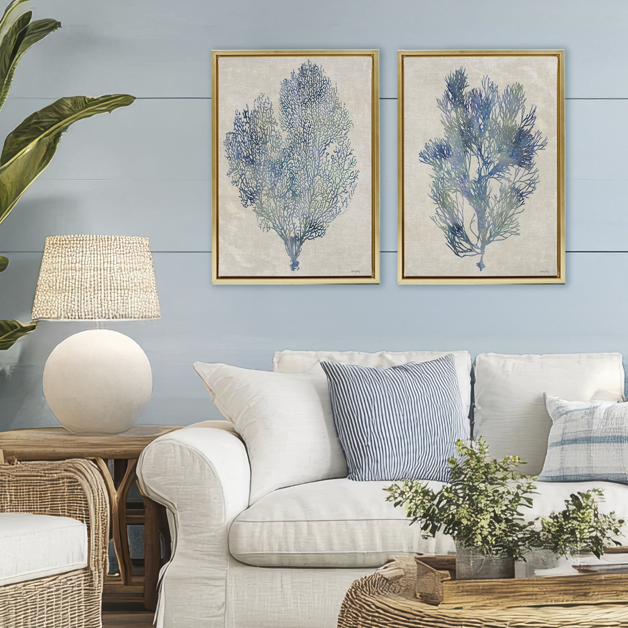 Stupell Industries Fan Coral Study in Blues 2 Piece Gold Framed Floater Canvas Set, design by Amber Sterling