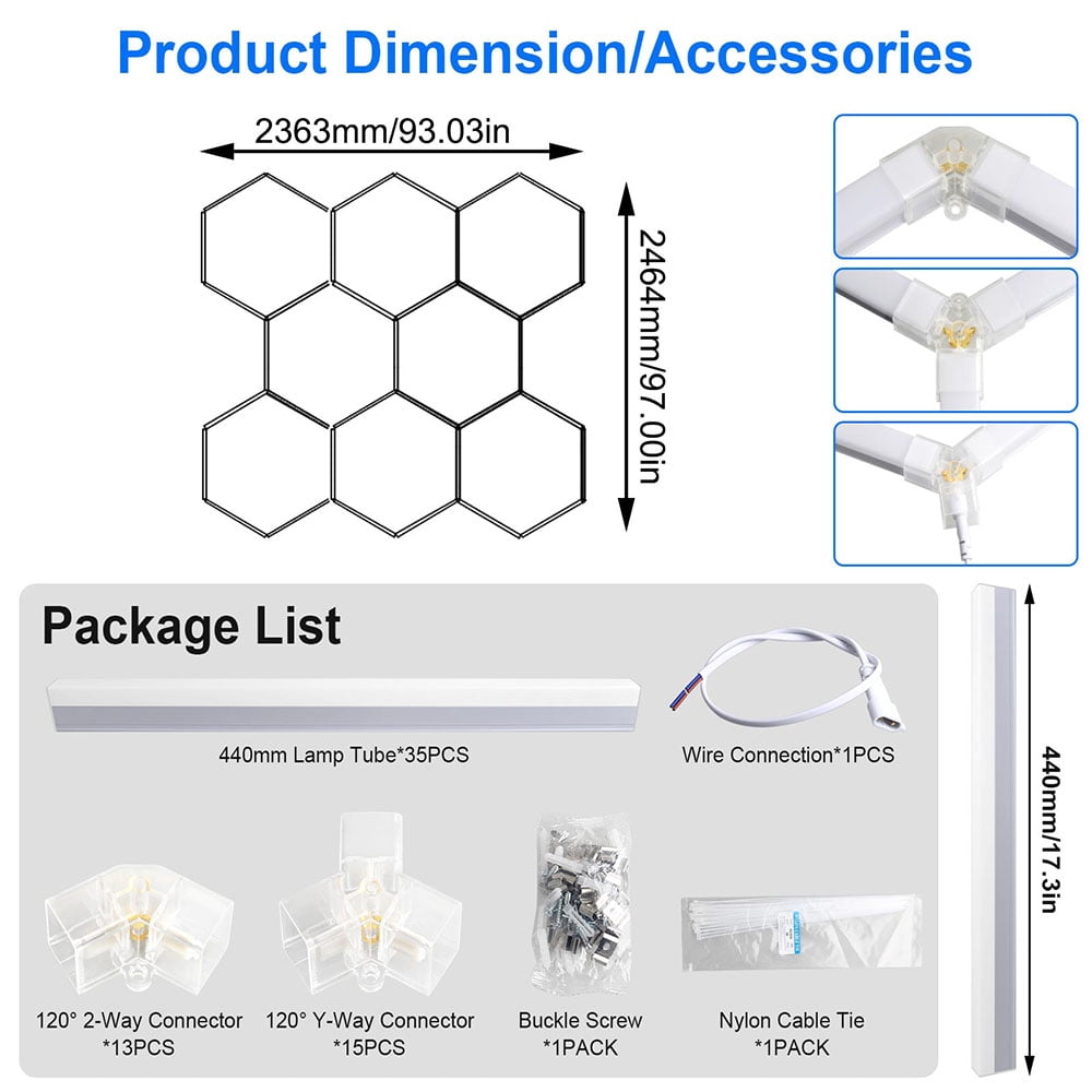 Hexagon LED Garage Lights - 222W, 22200LM, 8 Grids, 6500K Super Bright, Honeycomb Design, Ceiling Mount for Garage, Barber, Warehouse, Car Detailing Shop, Exhibition Hall, Gym