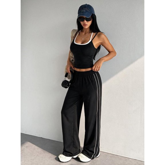2pcs Women's Sportwear Set,Contrast Color Sleeveless Tight Top & Straight Leg Pants,Summer Athleisure Casual Gym Running Yoga Workout