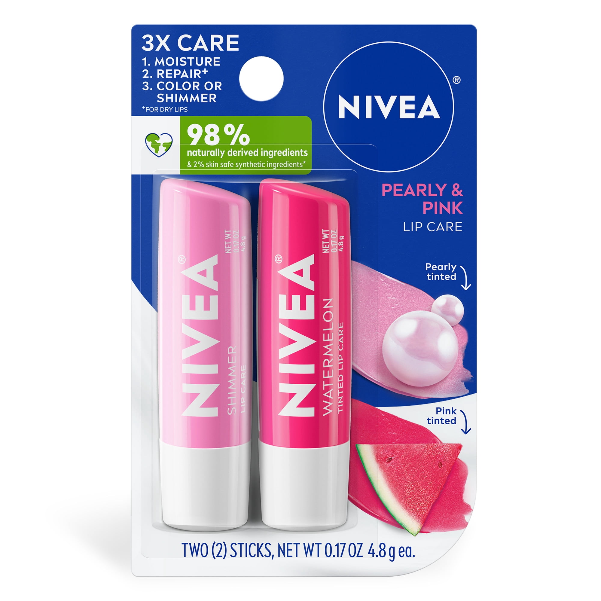 NIVEA Pearly and Pink Lip Care, Tinted Lip Balm Set, 0.17 oz Stick, Multi Pack of 2