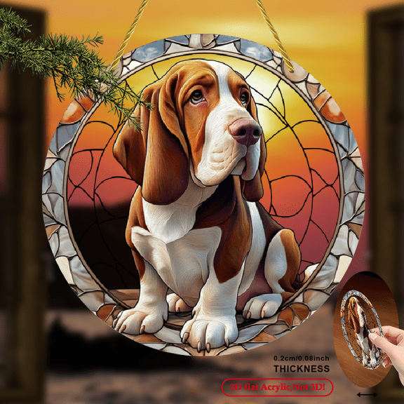 1pc Adorable Basset Hound Sun Catcher Circular Acrylic Sign with Stained Glass-Style Window Hanging Decor, Vibrant 2D Printed Art for Home Decor Pet Lover Christmas Gift, 8*8inch