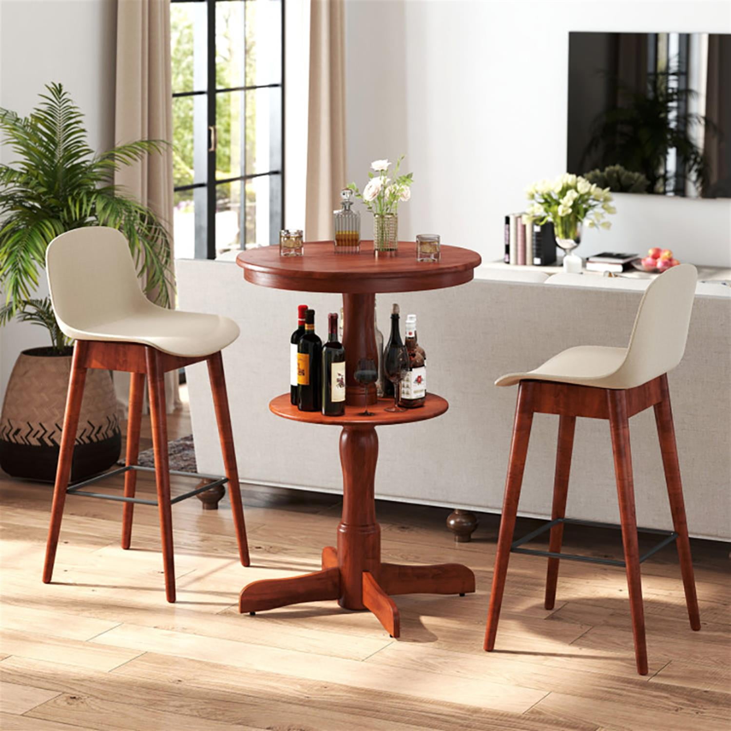 Demi Bonn 29" Pub Table, 2-Tier Round High Top Bar Table with Storage Shelf and Pedestal Base, Perfect for Small Space, Brown
